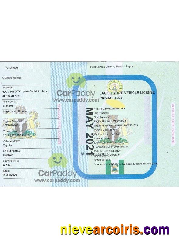 Lagos vehicle registration certificate